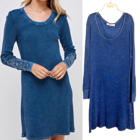 able the label Blue Waffle Knit Boho Faded T-Shirt Dress Size XL Embroidered - Picture 1 of 10